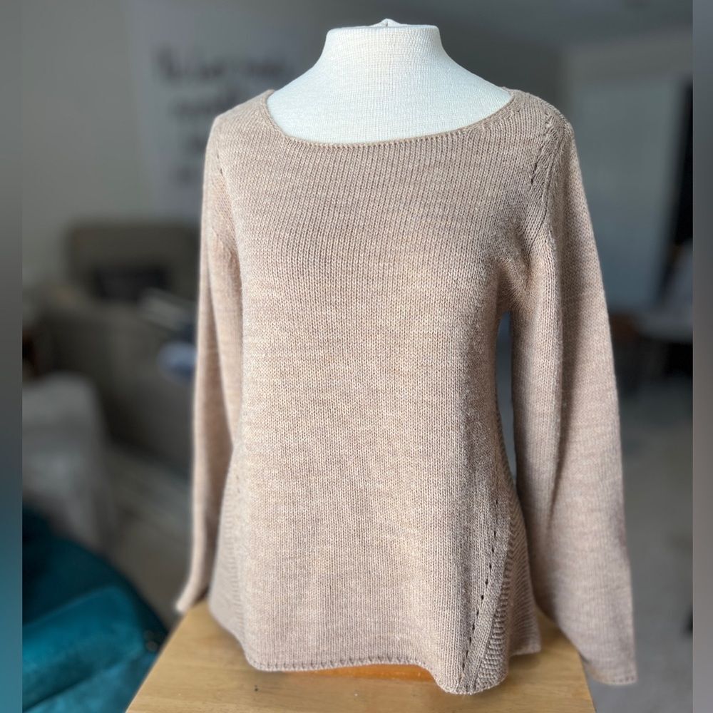 Classic Tan Crochet Neutral Large Wool Luxury Crew Neck Sweater